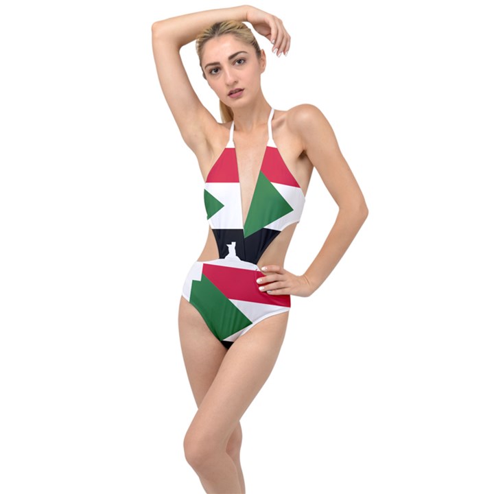 Sudan Flag Map Geography Outline Plunging Cut Out Swimsuit