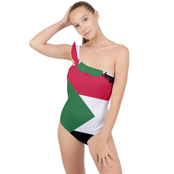 Sudan Flag Map Geography Outline Frilly One Shoulder Swimsuit