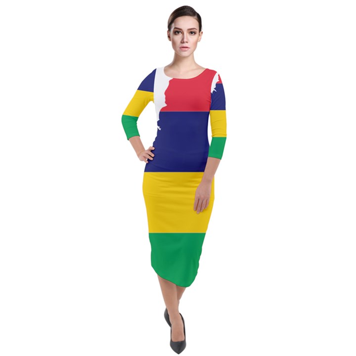 Mauritius Flag Map Geography Quarter Sleeve Midi Velour Bodycon Dress