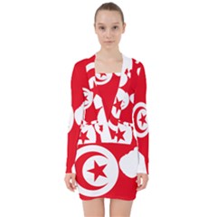 Tunisia Flag Map Geography Outline V-neck Bodycon Long Sleeve Dress by Sapixe