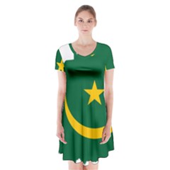 Mauritania Flag Map Geography Short Sleeve V-neck Flare Dress by Sapixe