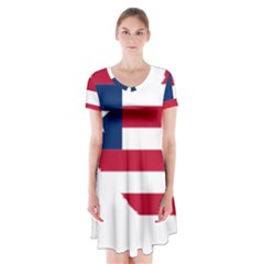 Liberia Flag Map Geography Outline Short Sleeve V-neck Flare Dress by Sapixe