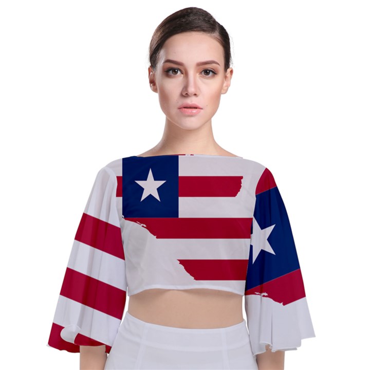 Liberia Flag Map Geography Outline Tie Back Butterfly Sleeve Chiffon Top