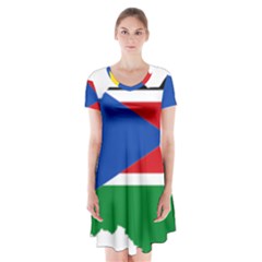 South Sudan Flag Map Geography Short Sleeve V-neck Flare Dress by Sapixe