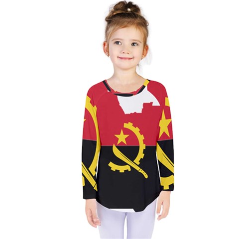 Angola Flag Map Geography Outline Kids  Long Sleeve Tee by Sapixe