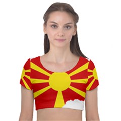 Macedonia Country Europe Flag Velvet Short Sleeve Crop Top  by Sapixe