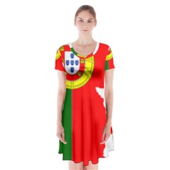 Portugal Flag Borders Cartography Short Sleeve V-neck Flare Dress by Sapixe