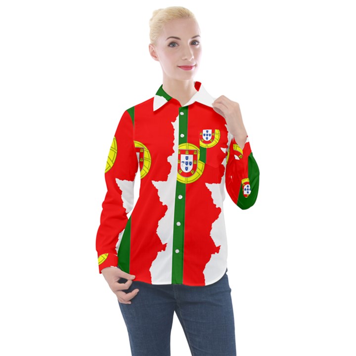 Portugal Flag Borders Cartography Women s Long Sleeve Pocket Shirt