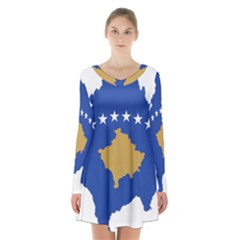 Kosovo Country Europe Flag Borders Long Sleeve Velvet V-neck Dress by Sapixe