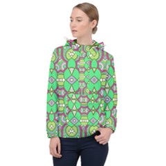 Circles And Other Shapes Pattern                            Women Hooded Front Pocket Windbreaker