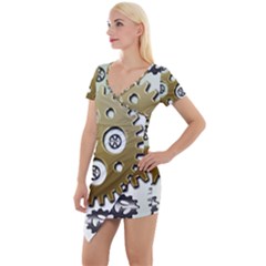 Gear Background Sprocket Short Sleeve Asymmetric Mini Dress