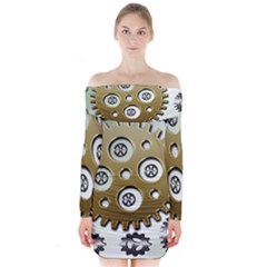 Gear Background Sprocket Long Sleeve Off Shoulder Dress