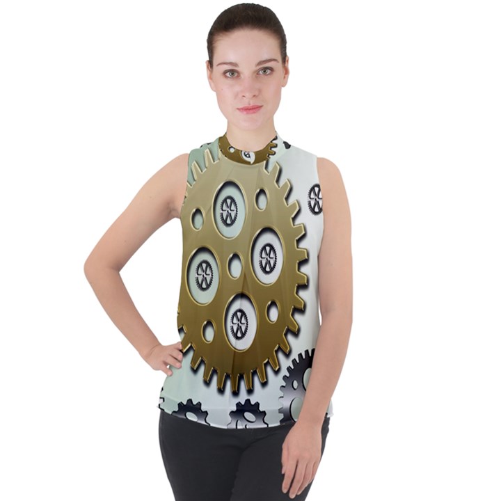 Gear Background Sprocket Mock Neck Chiffon Sleeveless Top