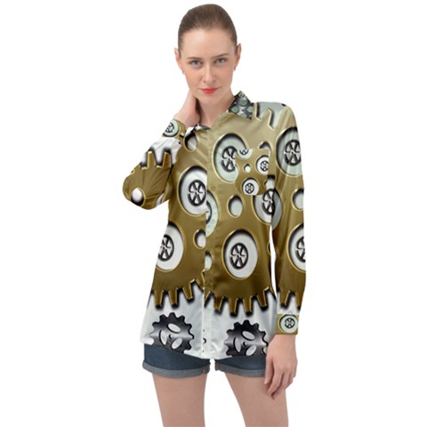 Gear Background Sprocket Long Sleeve Satin Shirt by HermanTelo