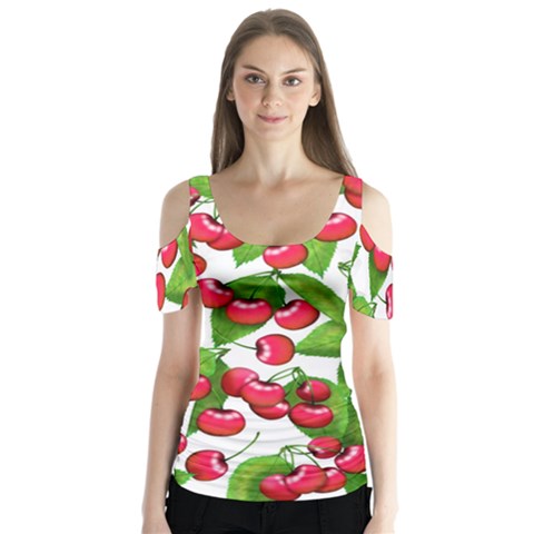 Cherry Leaf Fruit Summer Butterfly Sleeve Cutout Tee  by Mariart