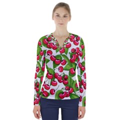 Cherry Leaf Fruit Summer V-neck Long Sleeve Top