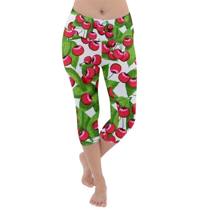 Cherry Leaf Fruit Summer Lightweight Velour Capri Yoga Leggings