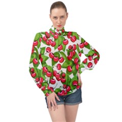 Cherry Leaf Fruit Summer High Neck Long Sleeve Chiffon Top by Mariart