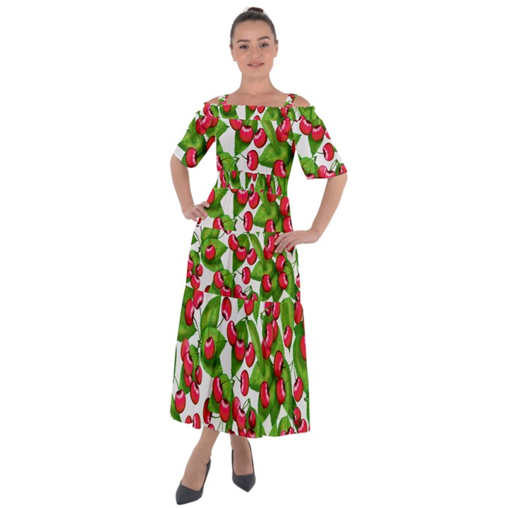 Cherry Leaf Fruit Summer Shoulder Straps Boho Maxi Dress 