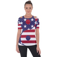 Yang Yin America Flag Abstract Shoulder Cut Out Short Sleeve Top by Sapixe