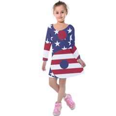 Yang Yin America Flag Abstract Kids  Long Sleeve Velvet Dress by Sapixe