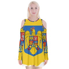 Romania Country Europe Flag Velvet Long Sleeve Shoulder Cutout Dress by Sapixe