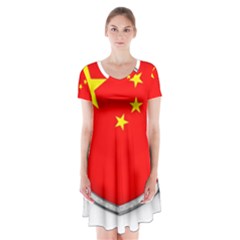 Flag China Country Nation Asia Short Sleeve V-neck Flare Dress by Sapixe