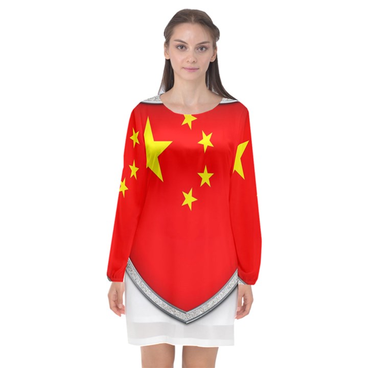 Flag China Country Nation Asia Long Sleeve Chiffon Shift Dress 