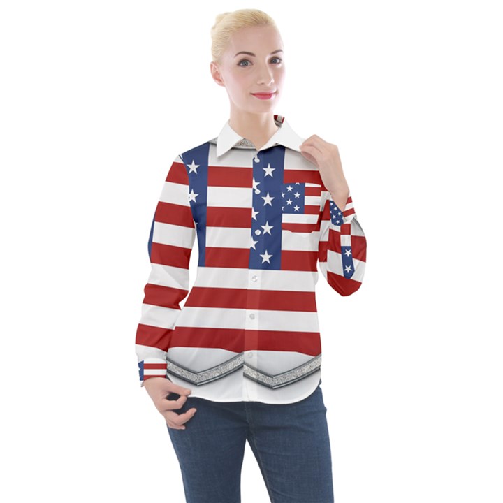 Flag Usa America American National Women s Long Sleeve Pocket Shirt