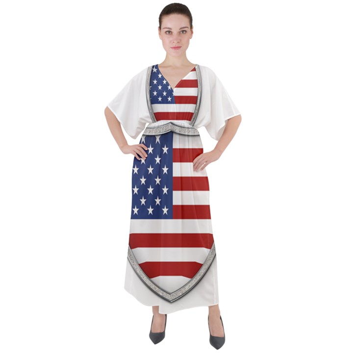 Flag Usa America American National V-Neck Boho Style Maxi Dress