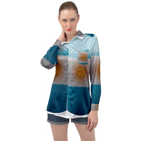 Argentina Flag Country Nation Long Sleeve Satin Shirt by Sapixe