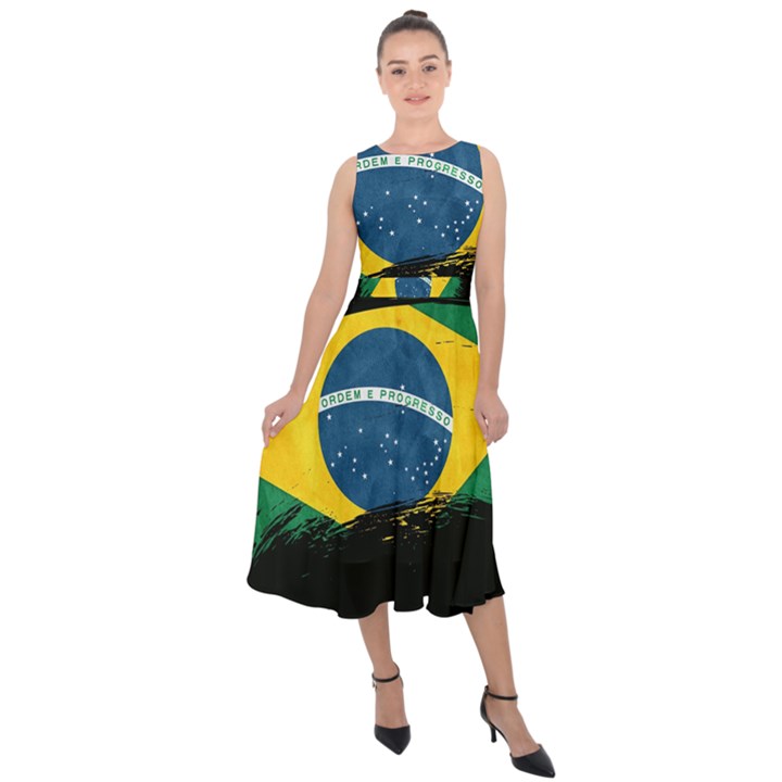 Flag Brazil Country Symbol Midi Tie-Back Chiffon Dress