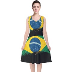 Flag Brazil Country Symbol V-neck Midi Sleeveless Dress 