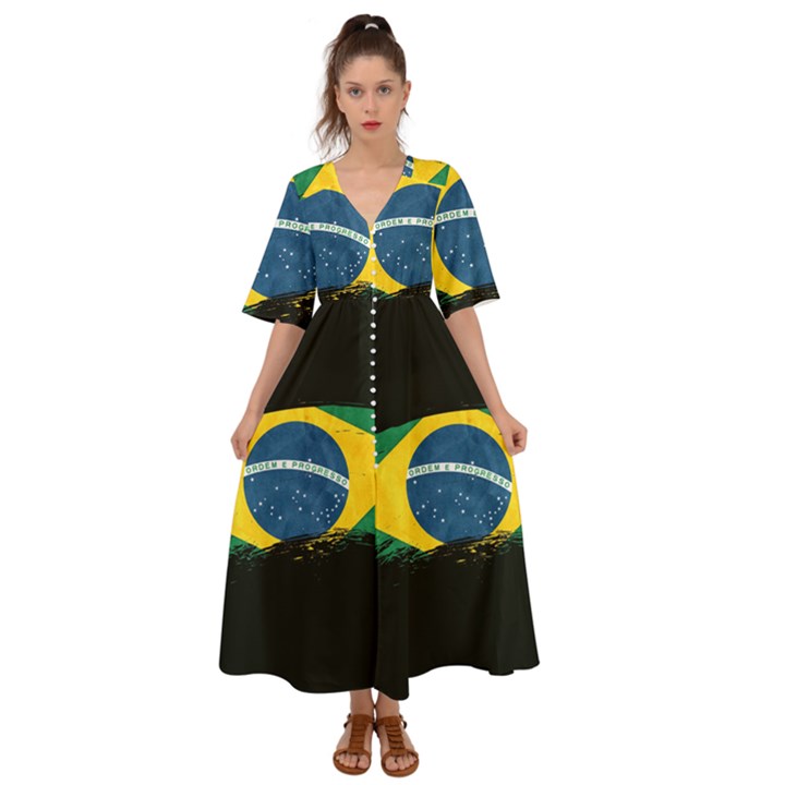 Flag Brazil Country Symbol Kimono Sleeve Boho Dress