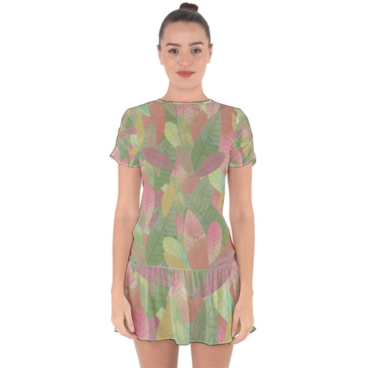 Watercolor leaves pattern Drop Hem Mini Chiffon Dress