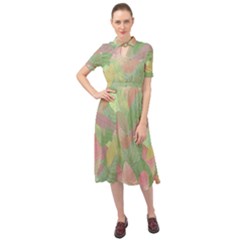 Watercolor Leaves Pattern Keyhole Neckline Chiffon Dress