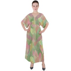 Watercolor Leaves Pattern V-neck Boho Style Maxi Dress