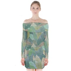 Watercolor Leaves Pattern Long Sleeve Off Shoulder Dress by Valentinaart