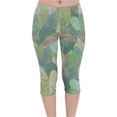 Watercolor Leaves Pattern Velvet Capri Leggings 