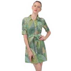 Watercolor Leaves Pattern Belted Shirt Dress by Valentinaart