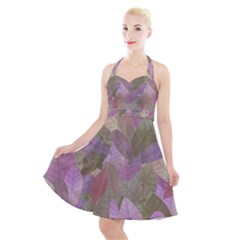 Watercolor Leaves Pattern Halter Party Swing Dress  by Valentinaart