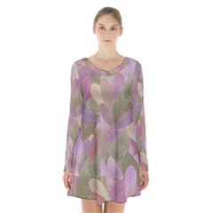 Watercolor Leaves Pattern Long Sleeve Velvet V-neck Dress