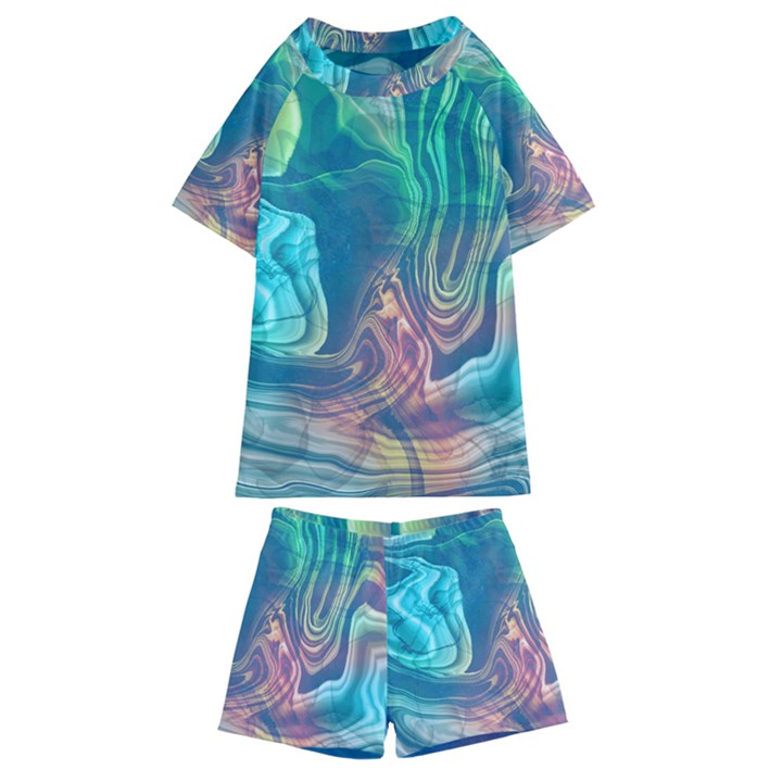 Opaled Abstract  Kids  Swim Tee and Shorts Set