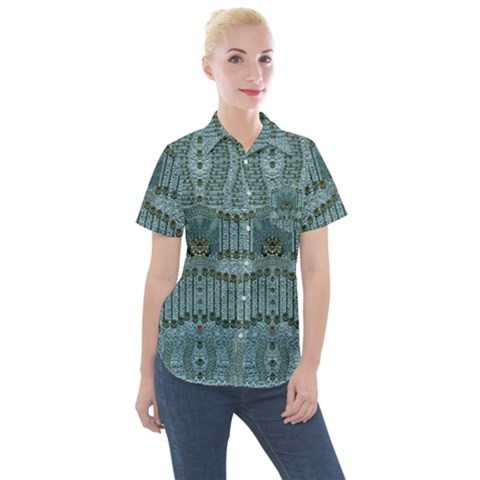 Happy Gold Flowers And Soft Green In Vintage Women s Short Sleeve Pocket Shirt by pepitasart