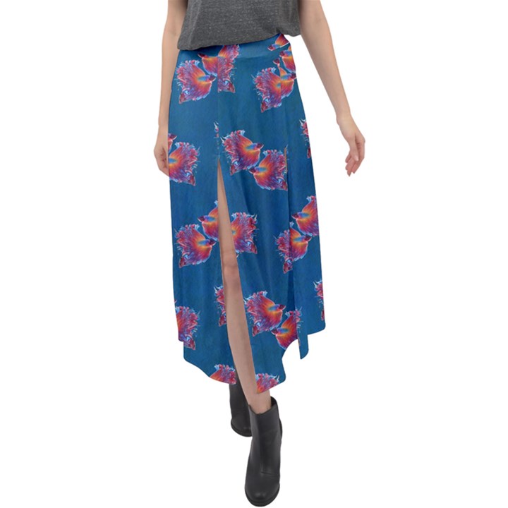 Swimming Fighting Fish Velour Split Maxi Skirt