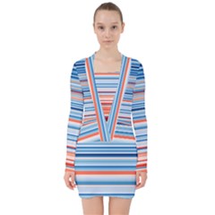 Blue And Coral Stripe 2 V-neck Bodycon Long Sleeve Dress by dressshop