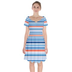 Blue And Coral Stripe 2 Short Sleeve Bardot Dress by dressshop