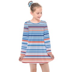 Blue And Coral Stripe 2 Kids  Long Sleeve Dress