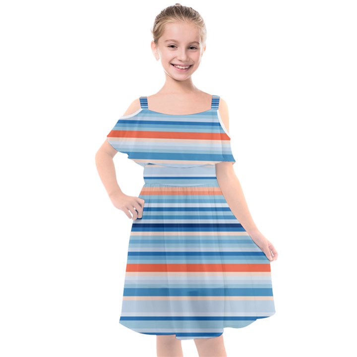 Blue And Coral Stripe 2 Kids  Cut Out Shoulders Chiffon Dress