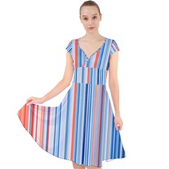 Blue And Coral Stripe 1 Cap Sleeve Front Wrap Midi Dress